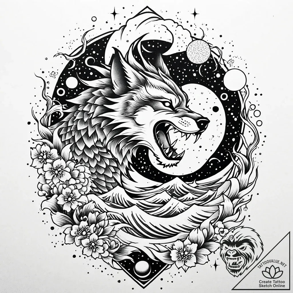 Astral wolf with galaxy fur, tattoo flash she... - style Jaeger Mini - tattoo sketch (10.11.2025 12:07)
