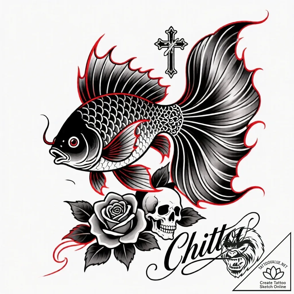 Fighting fish (beta) with fins like silk robe... - style Flux Inscriptions - tattoo sketch (10.11.2025 12:13)