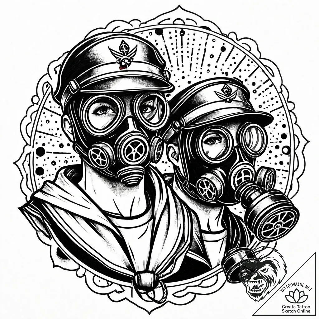 Gas mask connected to a pair of rusted, indus... - style Jaeger Mini - tattoo sketch (10.11.2025 13:06)