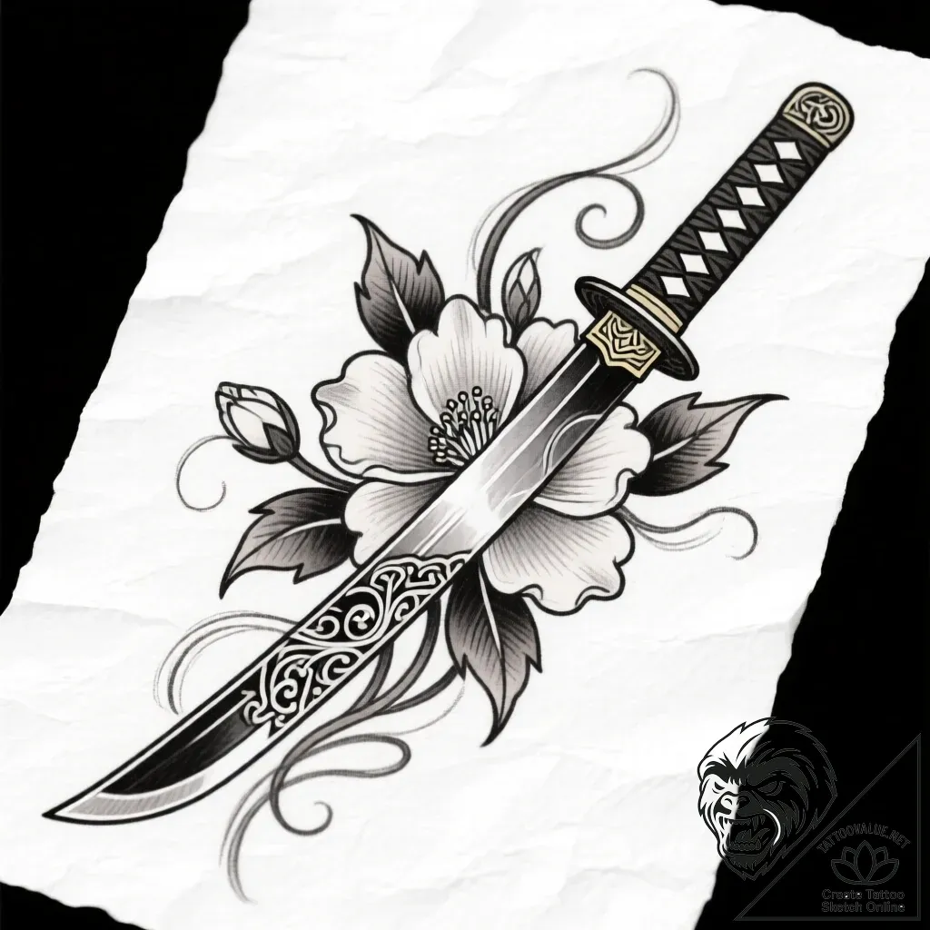 Katana trapped in icy bloom, tattoo flash she... - style Flux Inscriptions - tattoo sketch (10.11.2025 13:13)