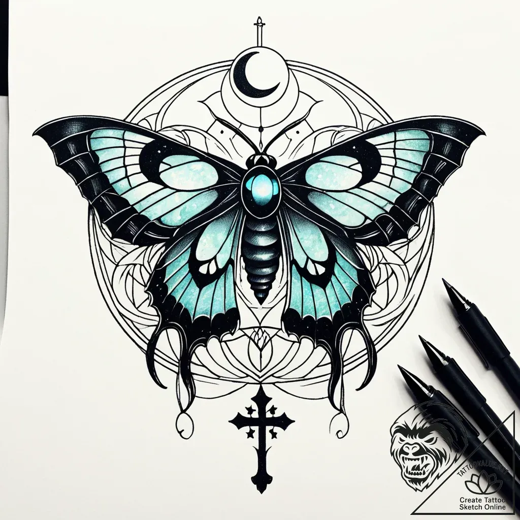Opal moth beneath crescent moon, tattoo sketc... - style Jaeger Simple - tattoo sketch (10.11.2025 14:16)