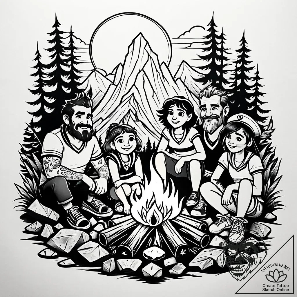 Tattoo sketch, croods family around campfire,... - style Jaeger Simple - tattoo sketch (10.11.2025 15:27)
