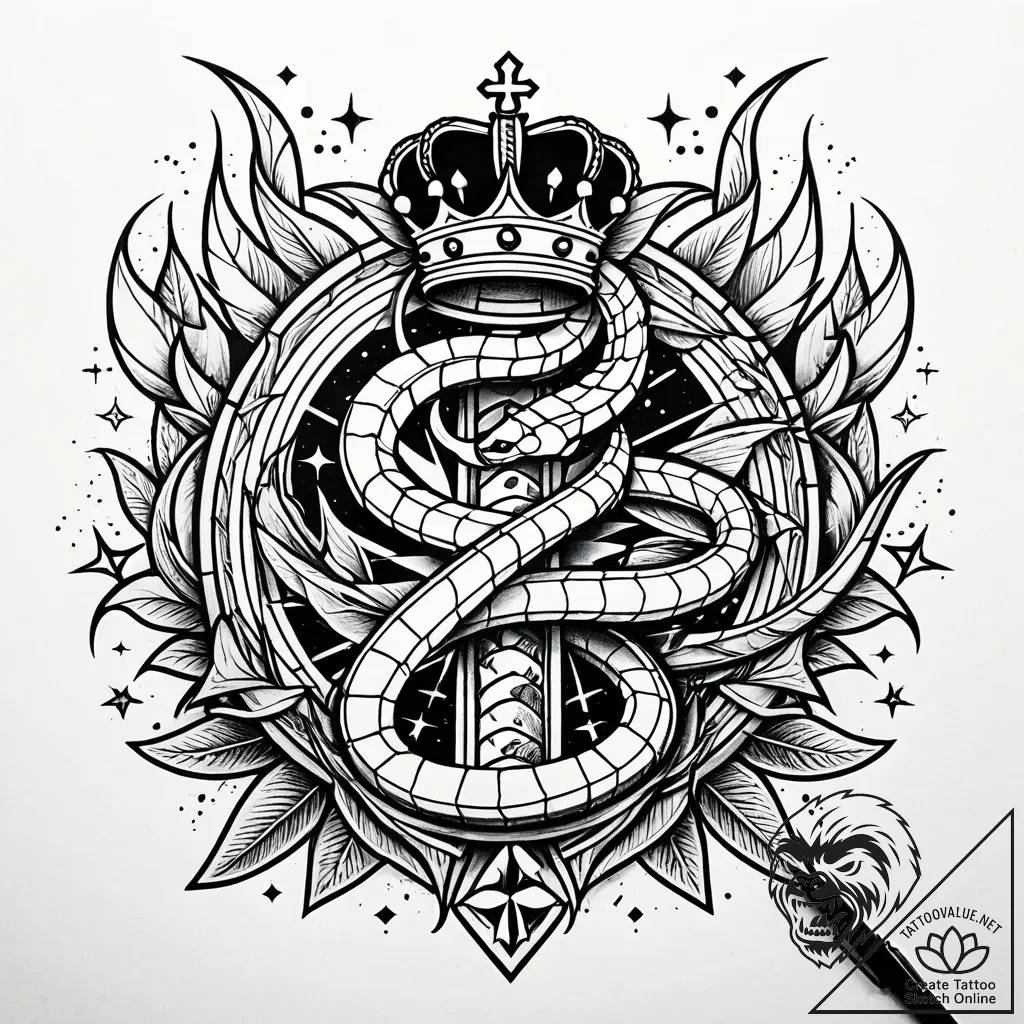 Crystal serpent circling shattered crown, tat... - style Jaeger Simple - tattoo sketch (10.11.2025 15:40)