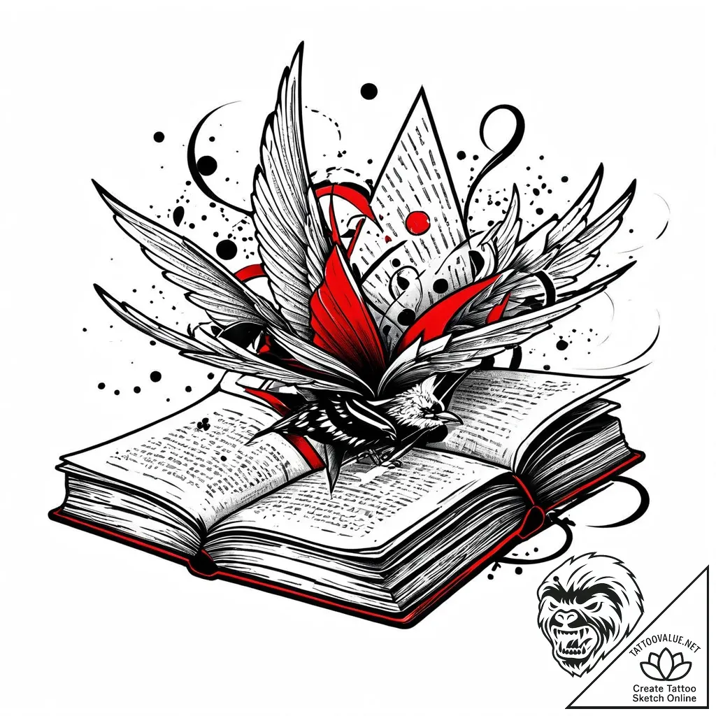 A whimsical book opening with flying pages, s... - style Jaeger Mini - tattoo sketch (10.11.2025 15:55)