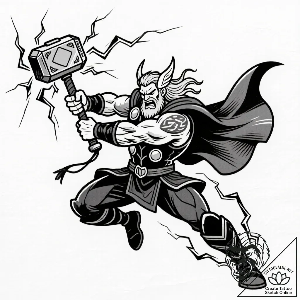 Tat tattoo sketch, thor swinging mjг¶lnir ham... - style Flux Inscriptions - tattoo sketch (10.11.2025 16:37)