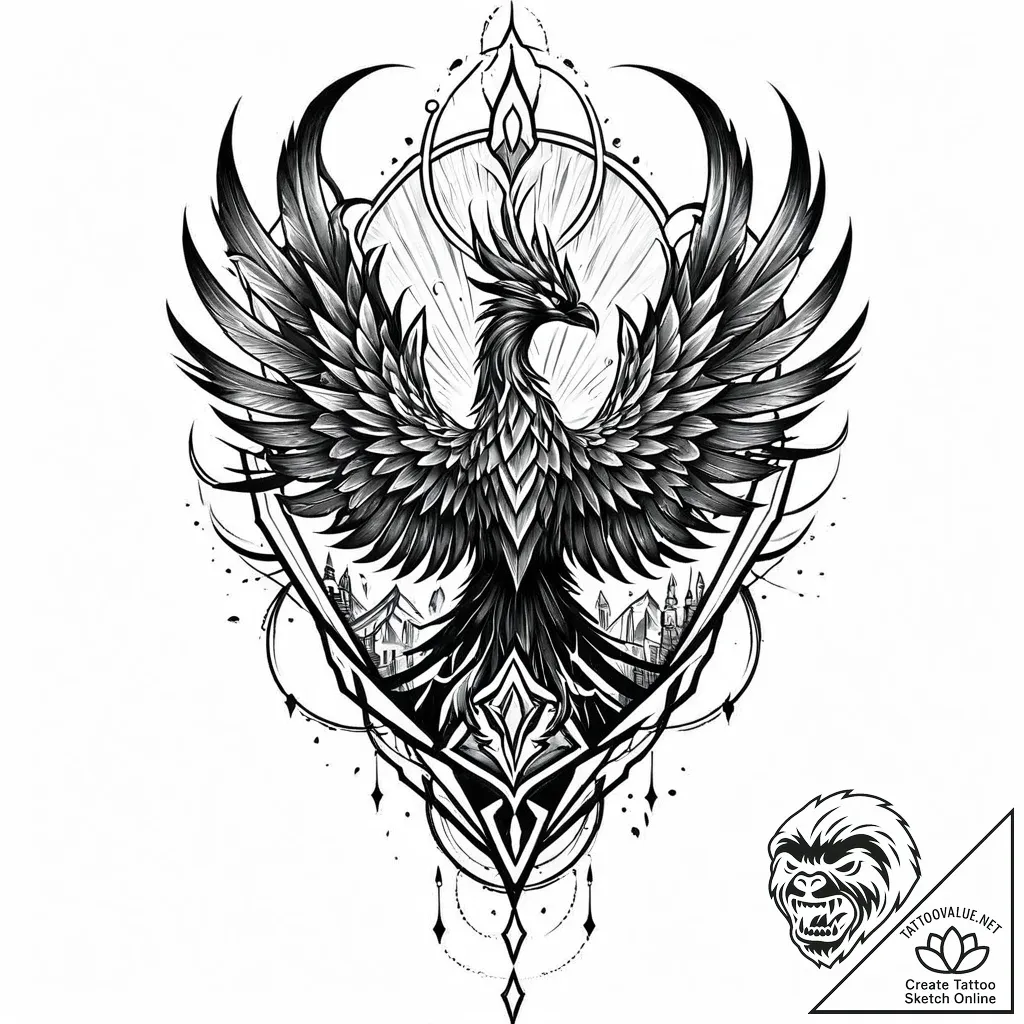 Phoenix shadow through shattered spire, artis... - style Jaeger Mini - tattoo sketch (10.11.2025 16:43)