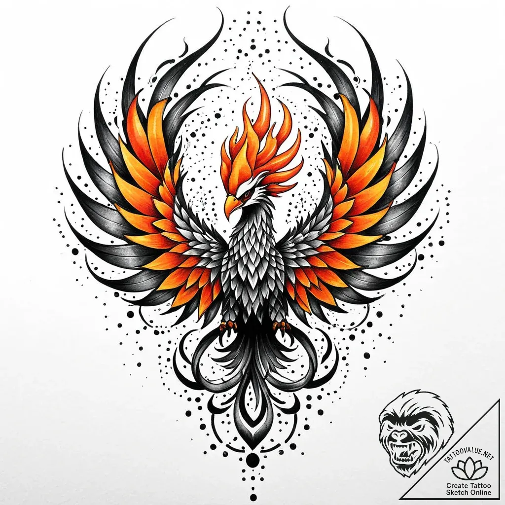 Tattoo sketch, fiery phoenix rising from ash... - style Jaeger Mini - tattoo sketch (10.11.2025 17:18)