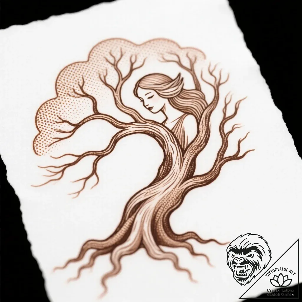Dryad merging with an ancient oak tree, artis... - style Flux Inscriptions - tattoo sketch (10.11.2025 17:25)