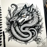 Serpent strangling a wolf, a battle of cunnin… – style Jaeger Simple – tattoo sketch (10.11.2025 17:40)