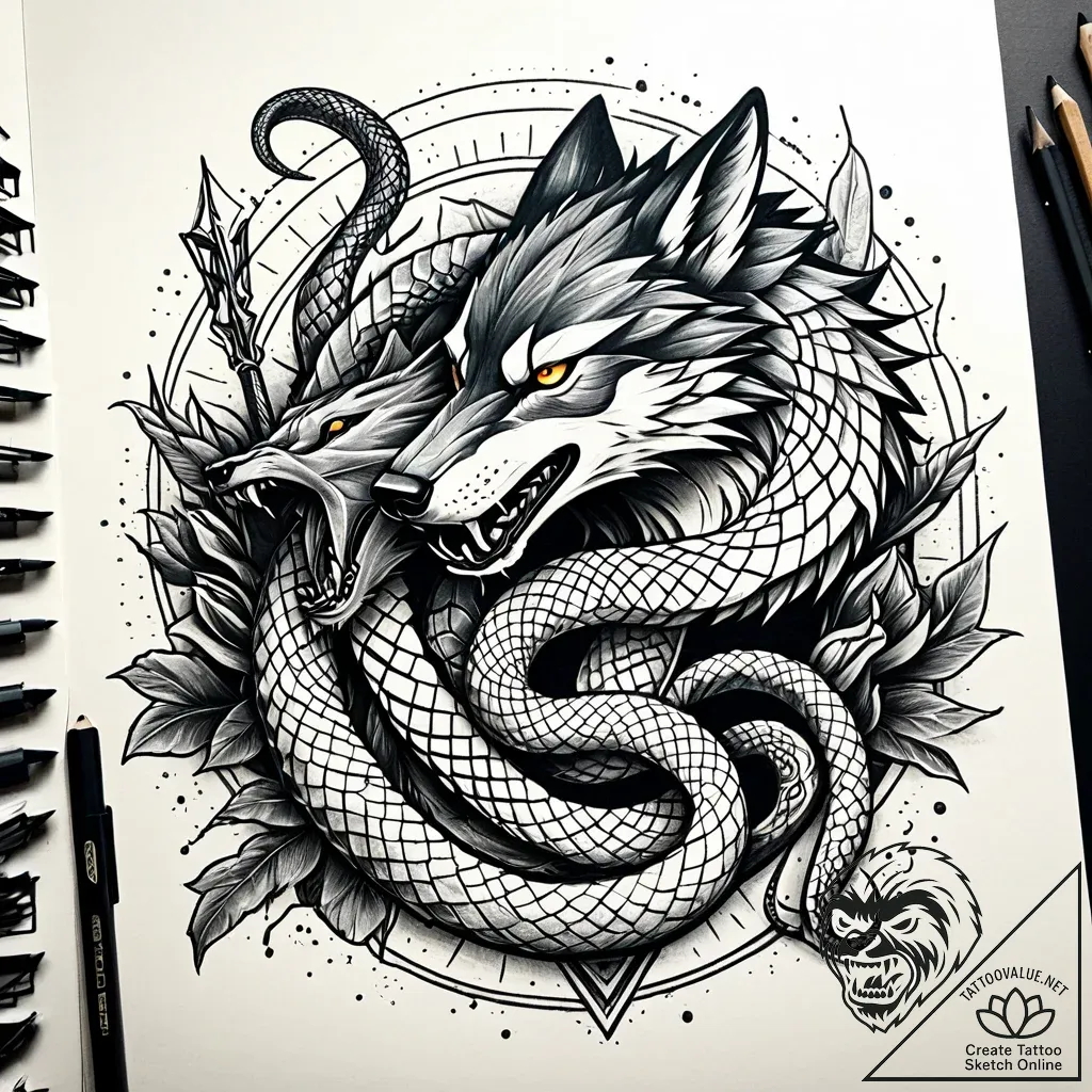 Serpent strangling a wolf, a battle of cunnin... - style Jaeger Simple - tattoo sketch (10.11.2025 17:40)