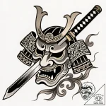 Katana piercing dragon mask, ink illustration… – style Flux Inscriptions – tattoo sketch (10.11.2025 17:49)