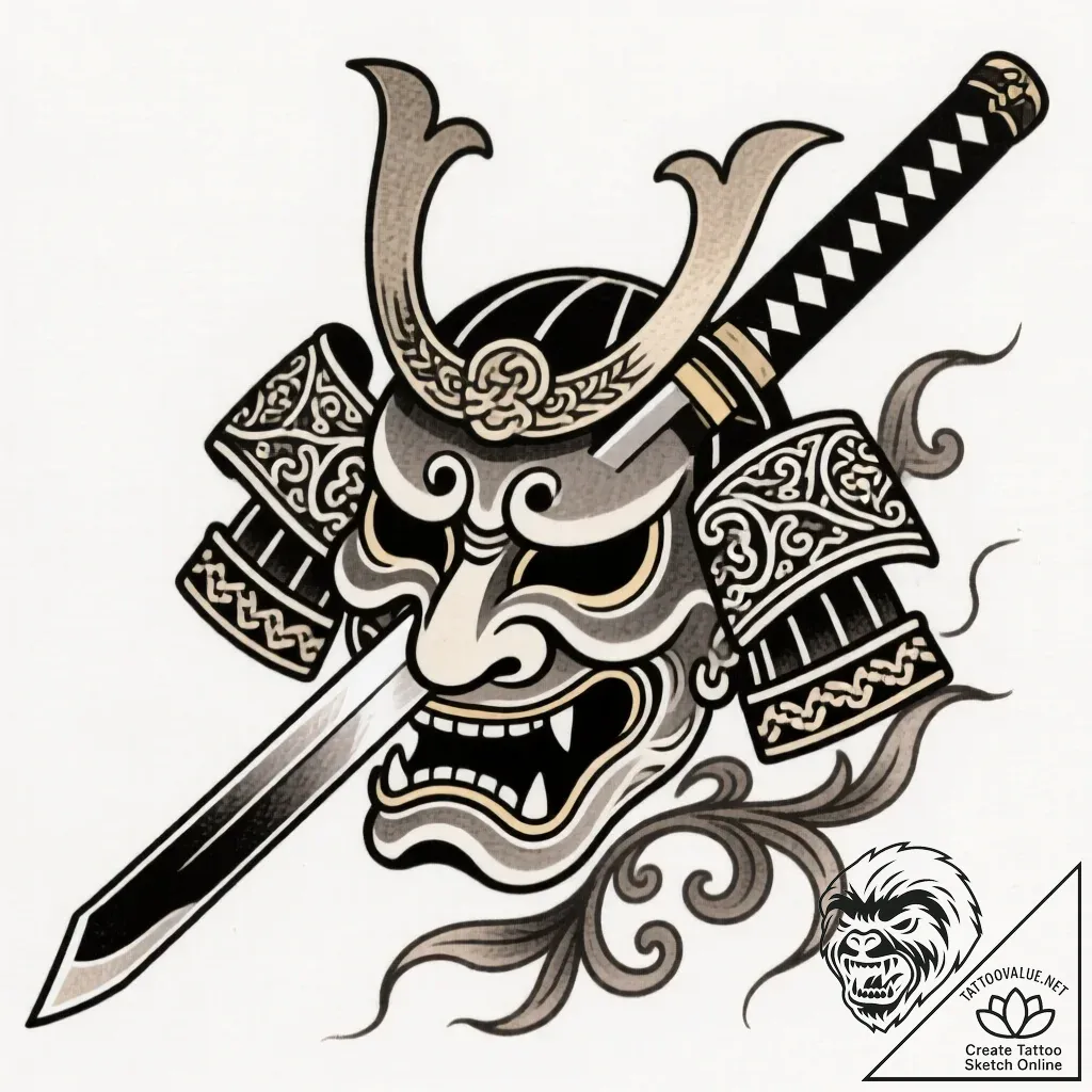 Katana piercing dragon mask, ink illustration... - style Flux Inscriptions - tattoo sketch (10.11.2025 17:49)