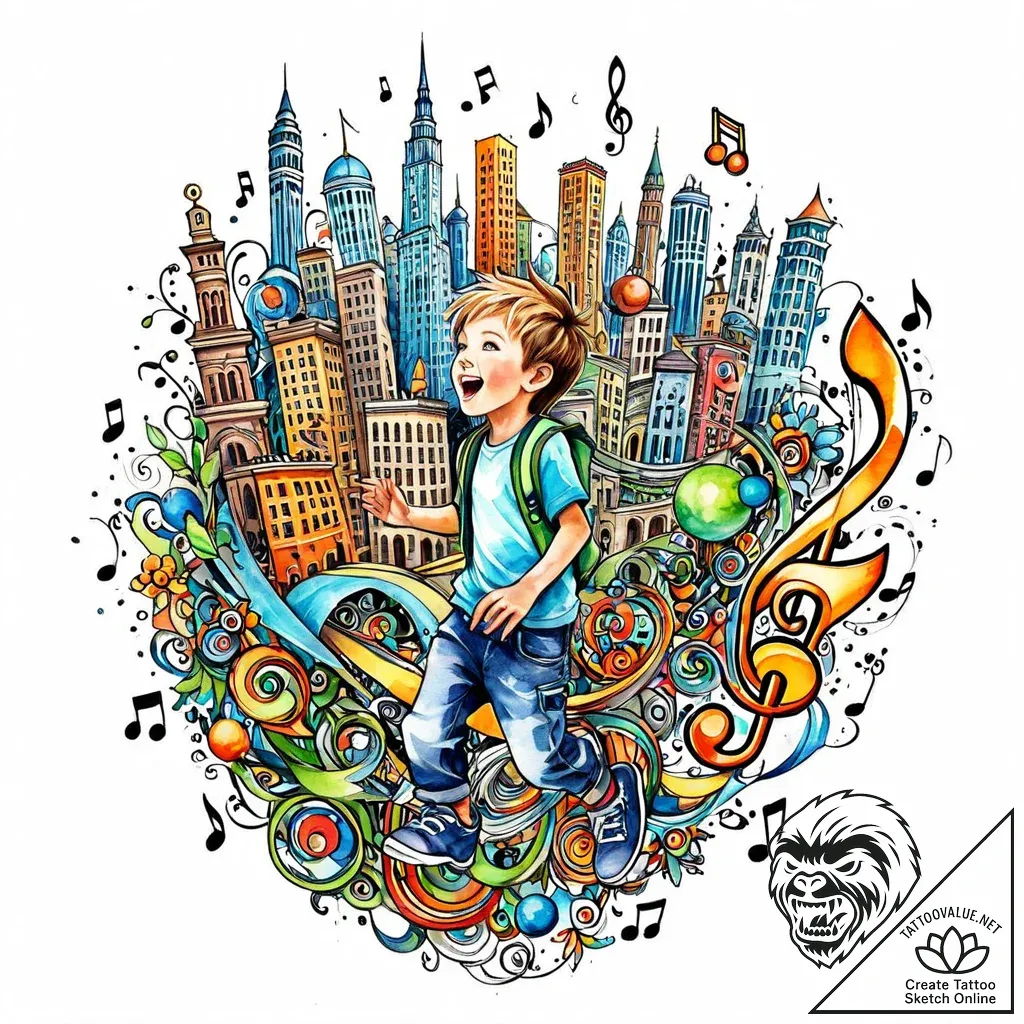 Tat tattoo sketch, colorful cityscape with mu... - style Jaeger Mini - tattoo sketch (10.11.2025 18:19)