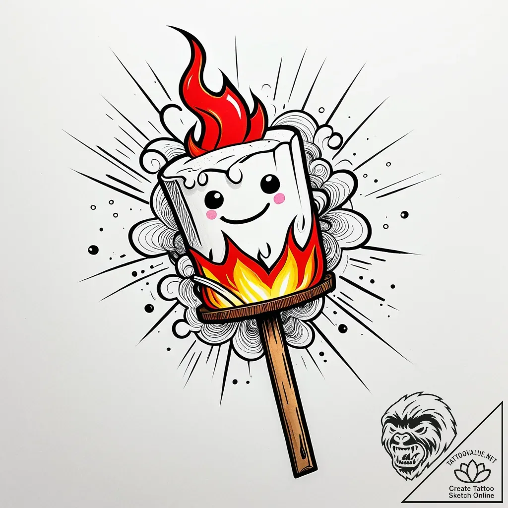 Marshmallow on a stick, roasting over a tiny... - style Jaeger Simple - tattoo sketch (10.11.2025 19:04)
