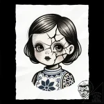 Porcelain doll with fractured face, tattoo sk… – style Flux Inscriptions – tattoo sketch (10.11.2025 19:13)