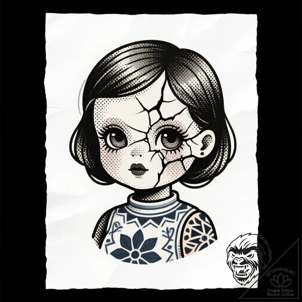 Porcelain doll with fractured face, tattoo sk... - style Flux Inscriptions - tattoo sketch (10.11.2025 19:13)