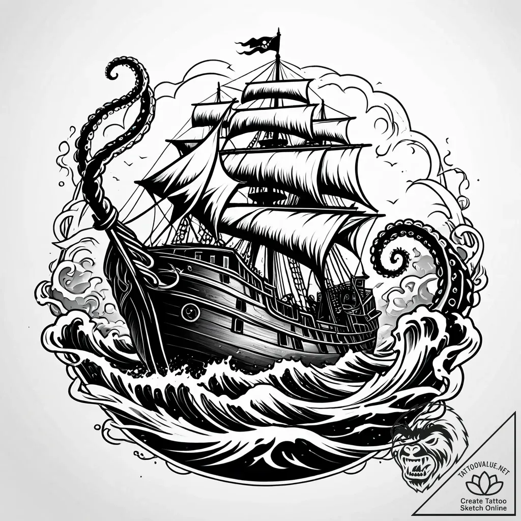 Kraken tentacle crushing a pirate ship, tatto... - style Jaeger Simple - tattoo sketch (10.11.2025 19:15)