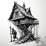 Baba yaga’s hut walking on skeletal bird legs… – style Jaeger Mini – tattoo sketch (10.11.2025 19:19)