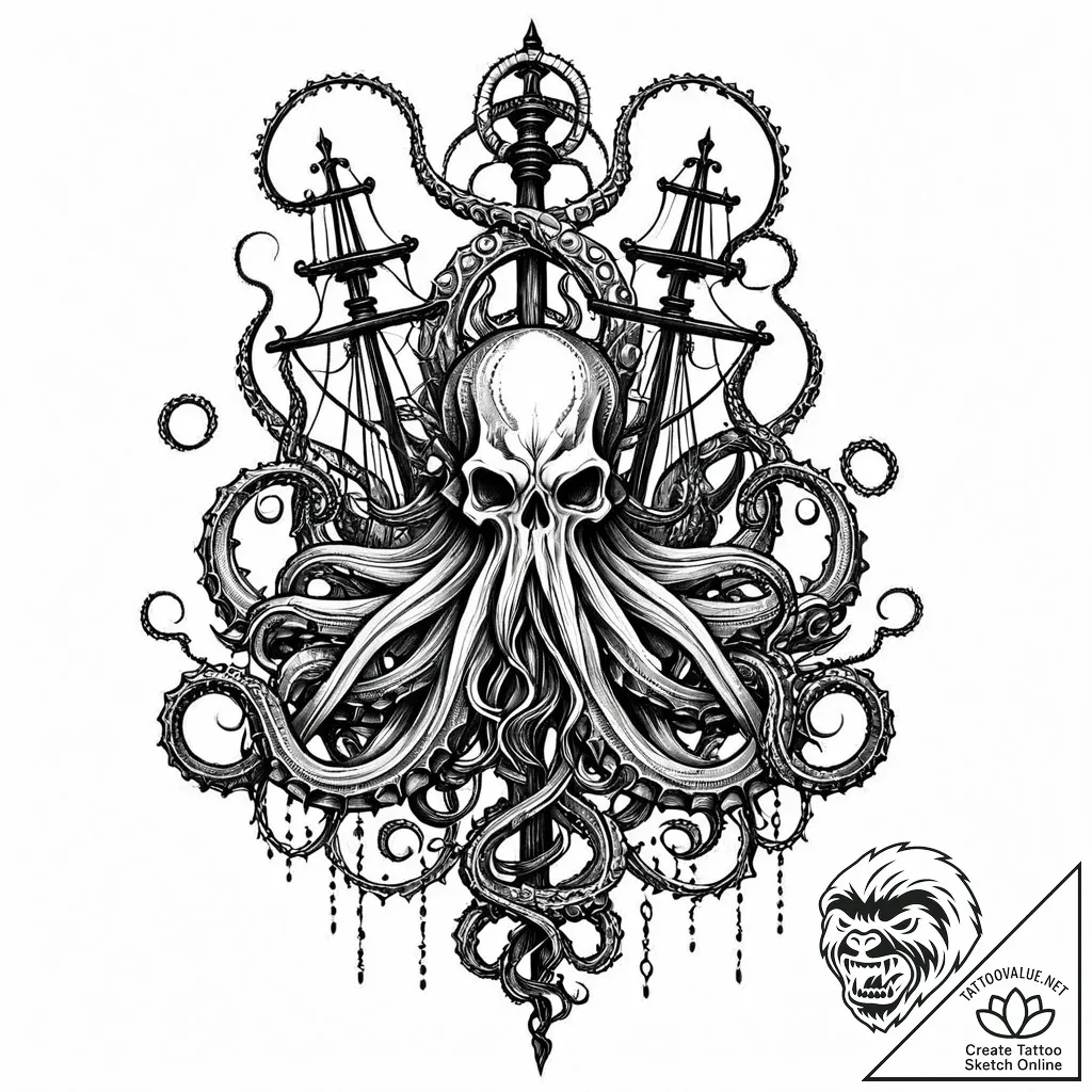 Kraken tendrils wrapping skeletal mast, tatto... - style Jaeger Mini - tattoo sketch (10.11.2025 19:55)