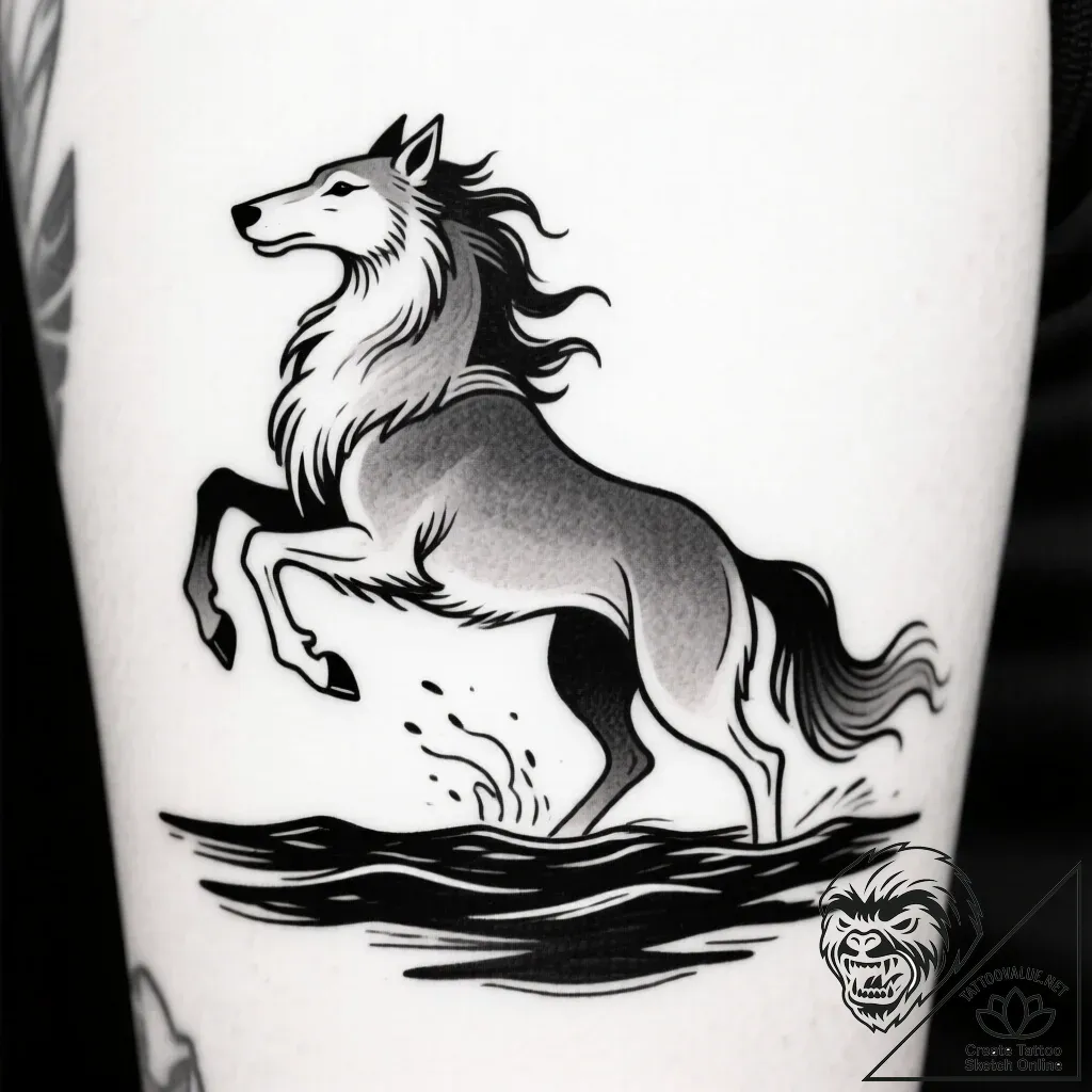 Kelpie rearing beneath full moon, artistic ta... - style Flux Inscriptions - tattoo sketch (10.11.2025 20:37)