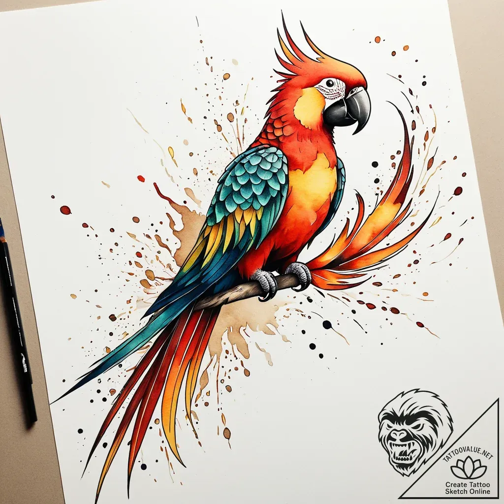 Parrot with plumage of fire and embers, artis... - style Jaeger Simple - tattoo sketch (10.11.2025 20:52)