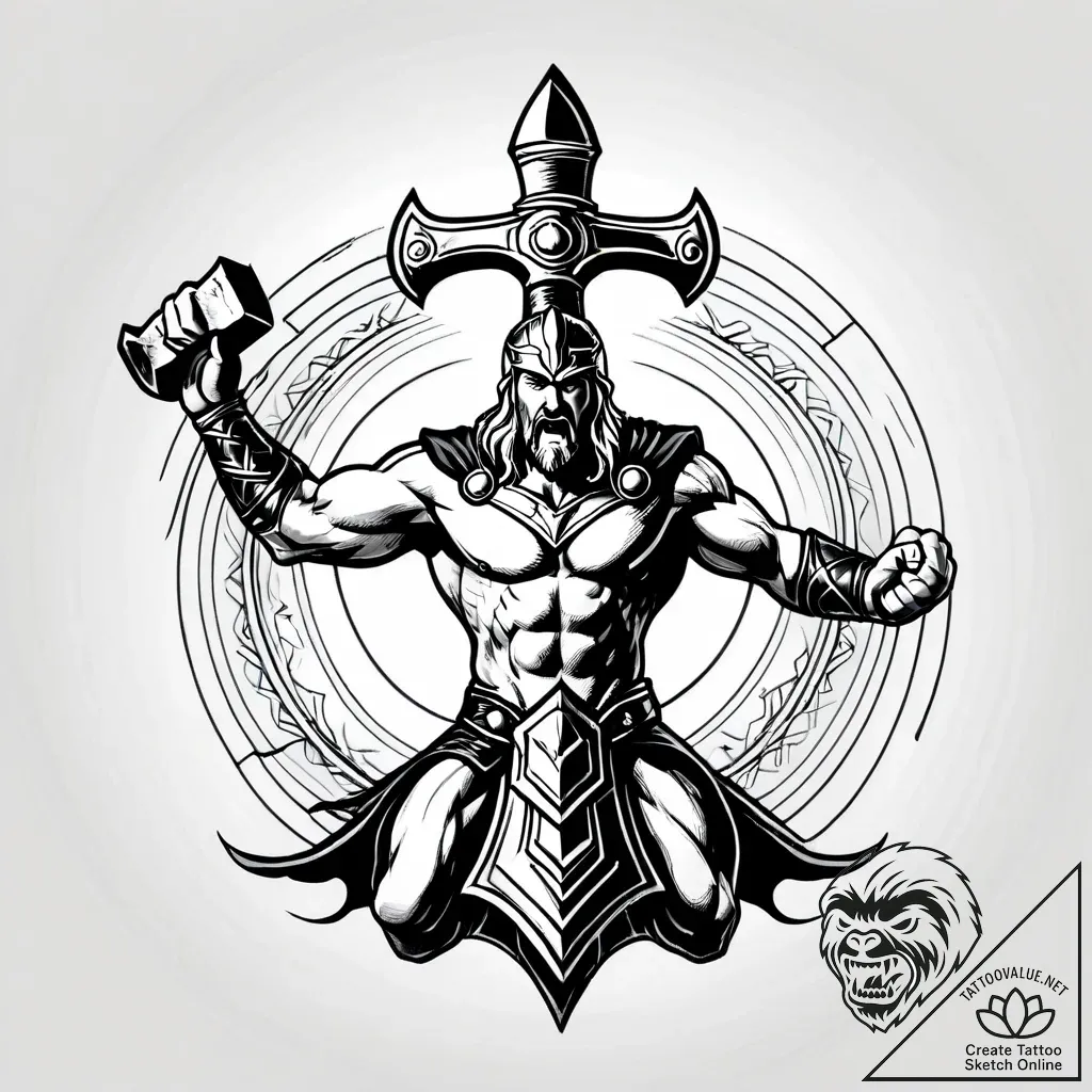 Tattoo sketch, thor swinging hammer mjг¶lnir... - style Jagger Old - tattoo sketch (10.11.2025 20:58)