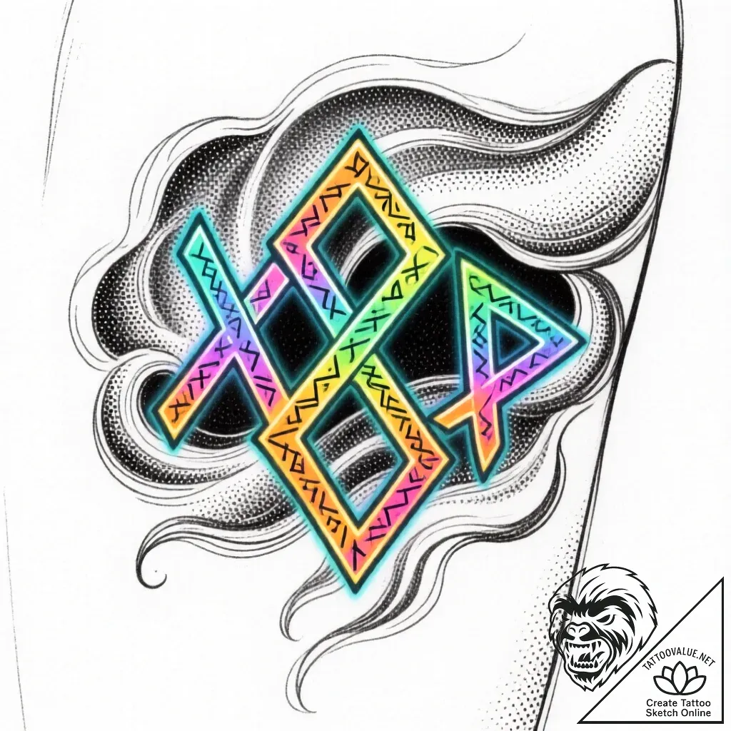 Unbroken runes beneath spectral storm, tattoo... - style Flux Inscriptions - tattoo sketch (10.11.2025 21:01)
