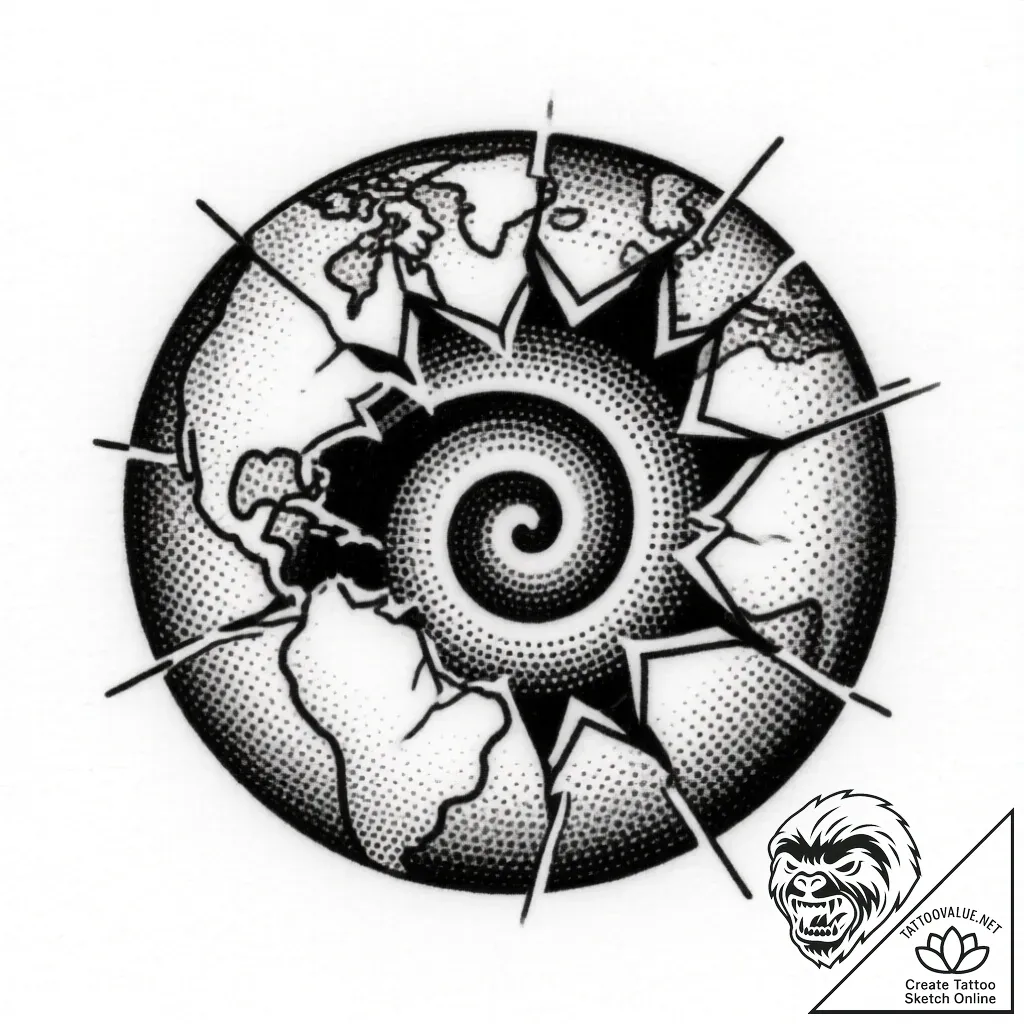 Orb spiraling through shattered rift, tattoo... - style Flux Inscriptions - tattoo sketch (10.11.2025 21:37)