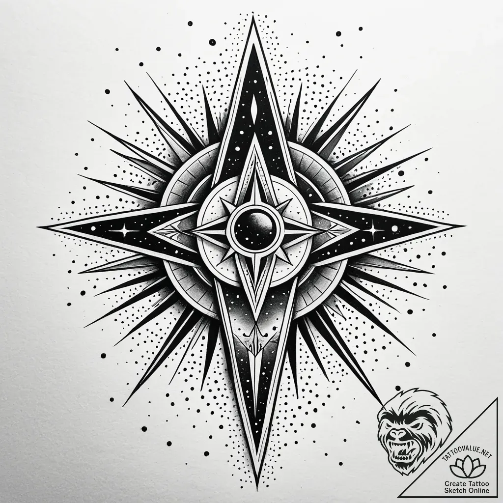 Needle relic beneath celestial rift, tattoo f... - style Jaeger Simple - tattoo sketch (10.11.2025 21:40)