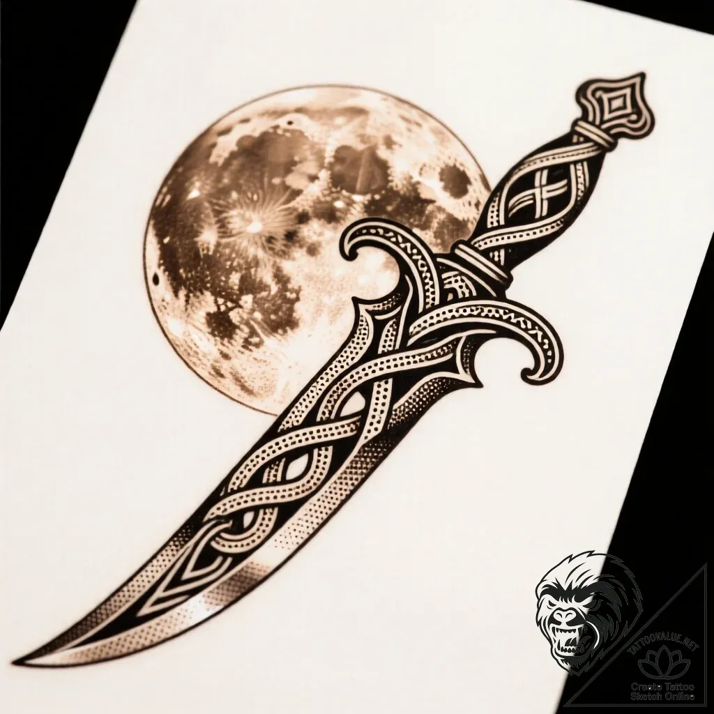 Knotwork blade beneath full moon, ink illustr... - style Flux Inscriptions - tattoo sketch (10.11.2025 22:01)