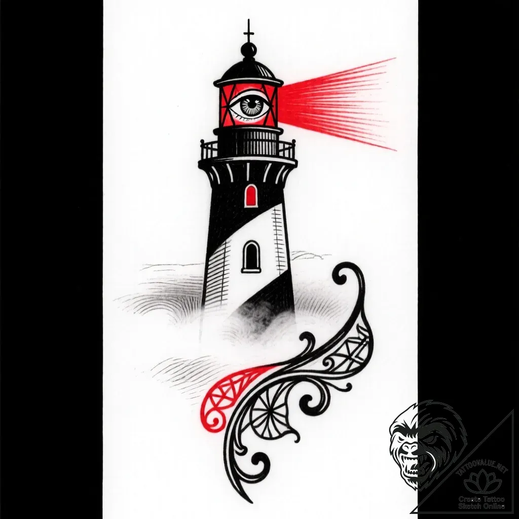 Lighthouse eye watching from fog, tattoo sket... - style Flux Inscriptions - tattoo sketch (10.11.2025 22:37)