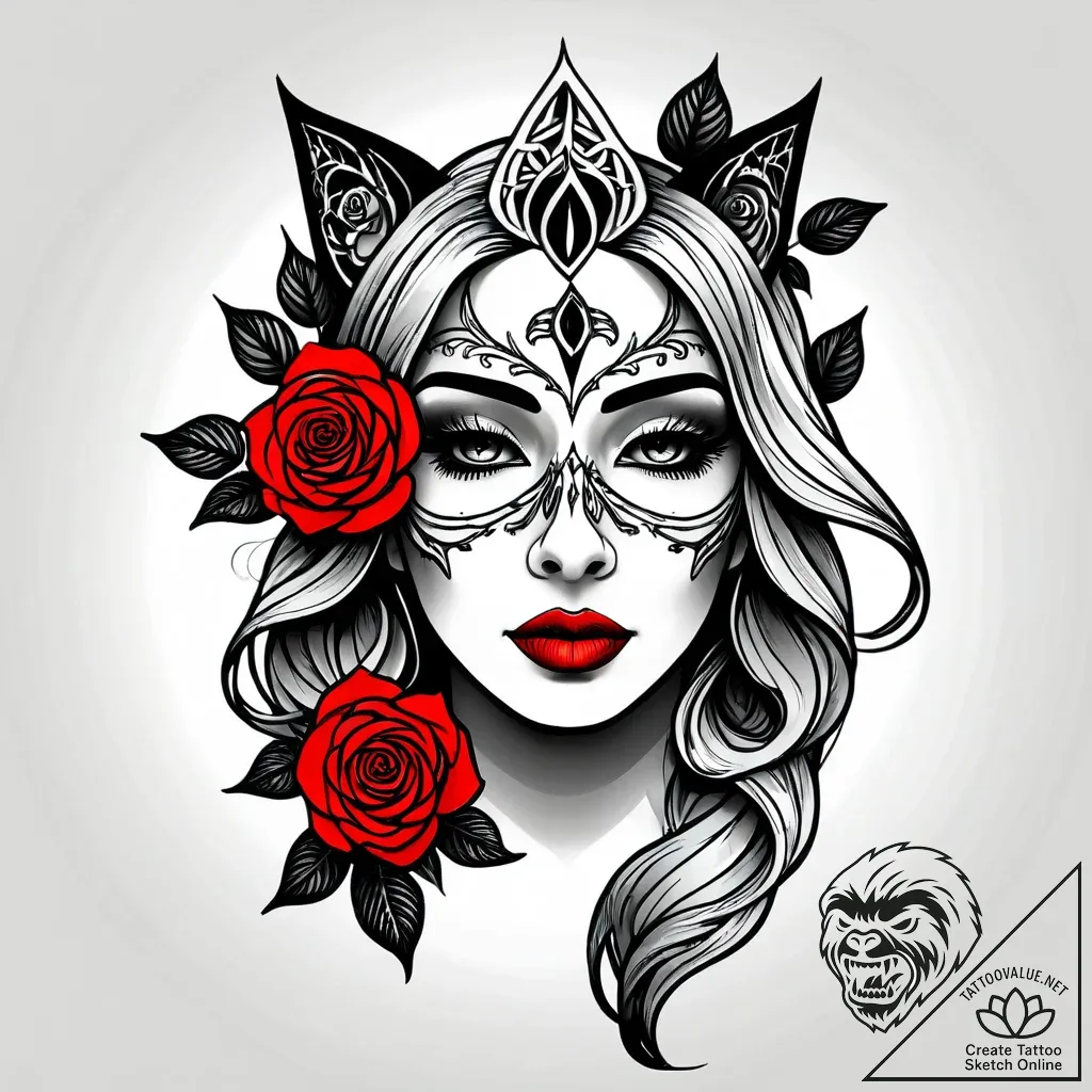 Nymph mask beneath shattered veil, concept ar... - style Jagger Old - tattoo sketch (10.11.2025 23:09)