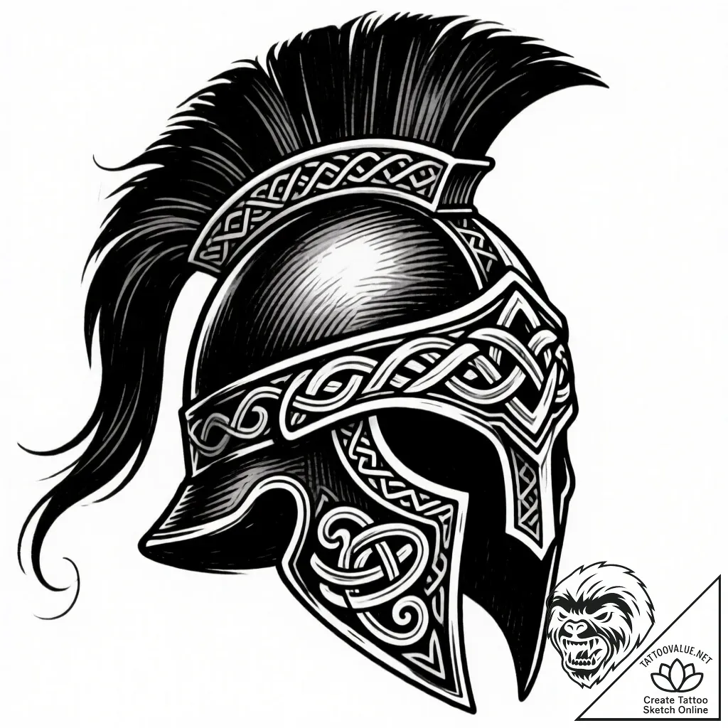 Tattoo sketch, celtic warrior helmet with fea... - style Flux Inscriptions - tattoo sketch (10.11.2025 23:49)