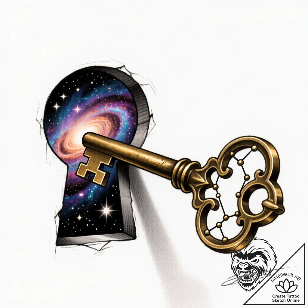 A key unlocking a galaxy in a keyhole - style Flux Inscriptions - tattoo sketch (11.11.2025 00:25)
