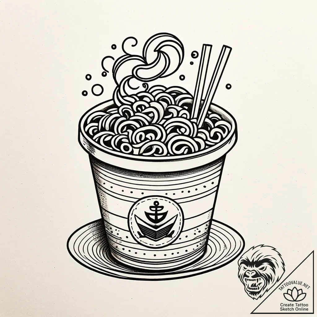 Instant ramen noodle cup, steaming, tattoo sk... - style Jaeger Simple - tattoo sketch (11.11.2025 00:40)