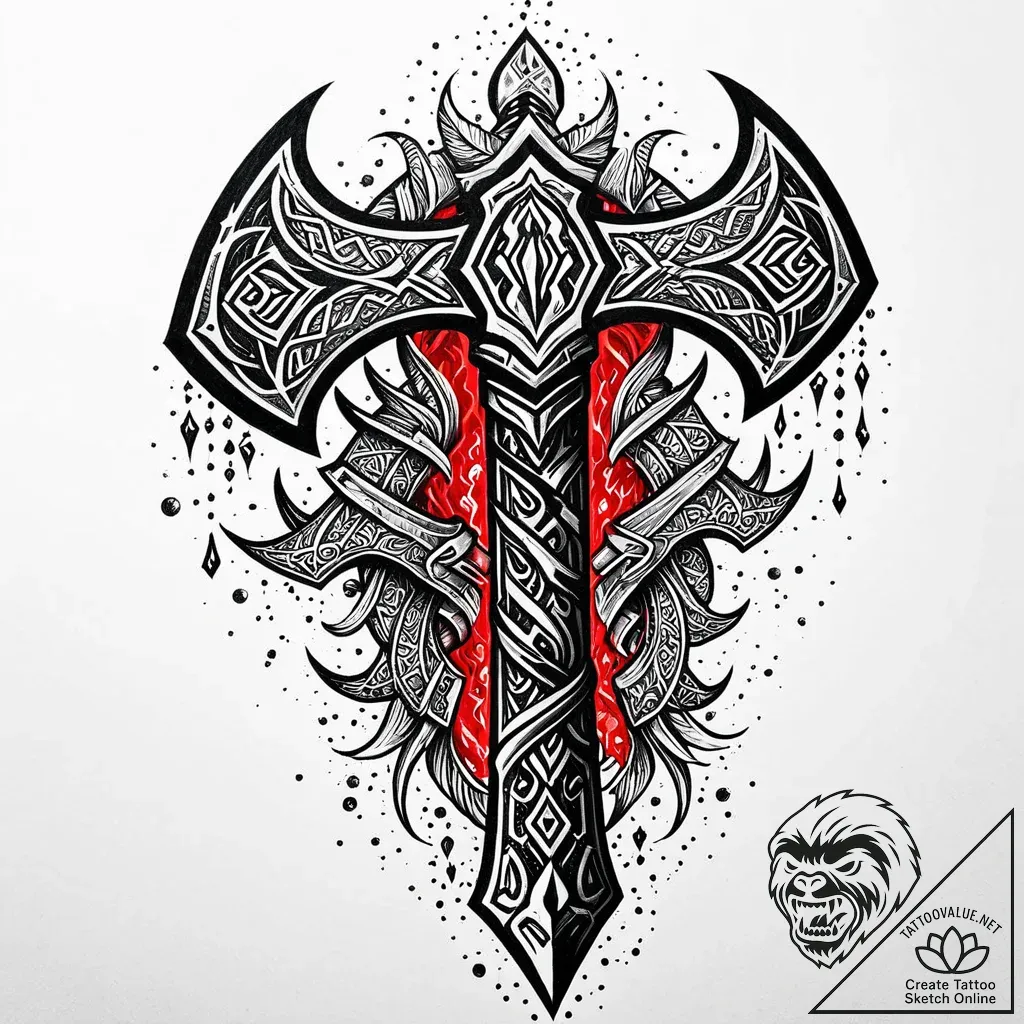 God of war's leviathan axe, glowing with fros... - style Jaeger Mini - tattoo sketch (11.11.2025 00:43)