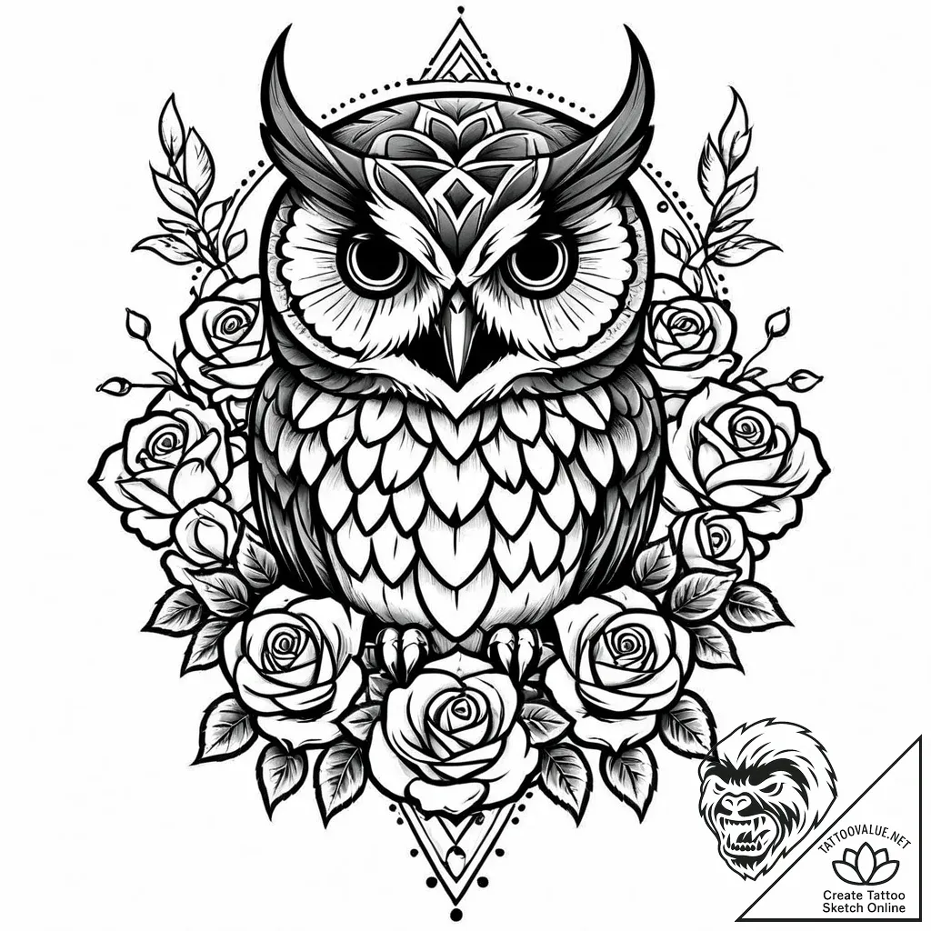 Owl pendant hanging from chain, tattoo drawin... - style Jaeger Mini - tattoo sketch (11.11.2025 00:55)