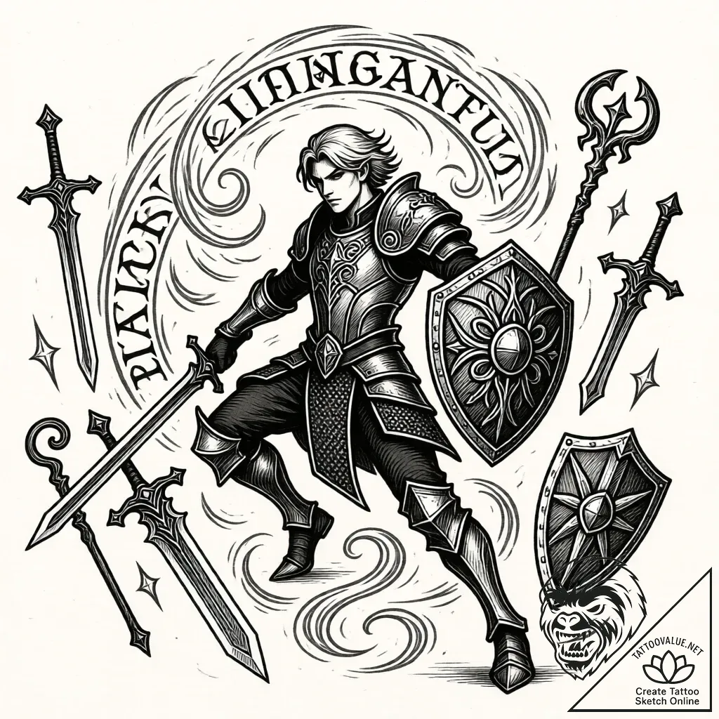 Tattoo sketch, cosplayer wearing intricate ar... - style Flux Inscriptions - tattoo sketch (11.11.2025 01:13)