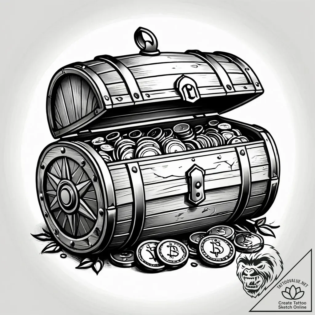 A detailed barrel full of coins, treasure che... - style Jagger Old - tattoo sketch (11.11.2025 01:22)