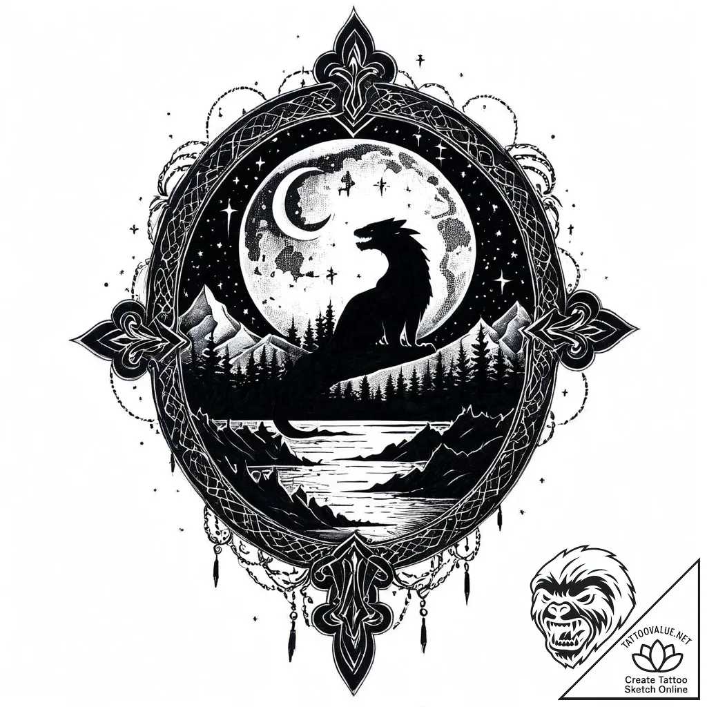 Tattoo sketch, night fury silhouette with moo... - style Jaeger Mini - tattoo sketch (11.11.2025 01:31)