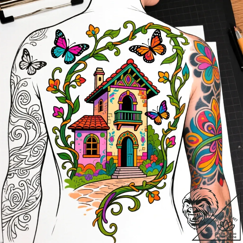Tattoo sketch, encanto house intertwined with... - style Flux Inscriptions - tattoo sketch (11.11.2025 01:37)