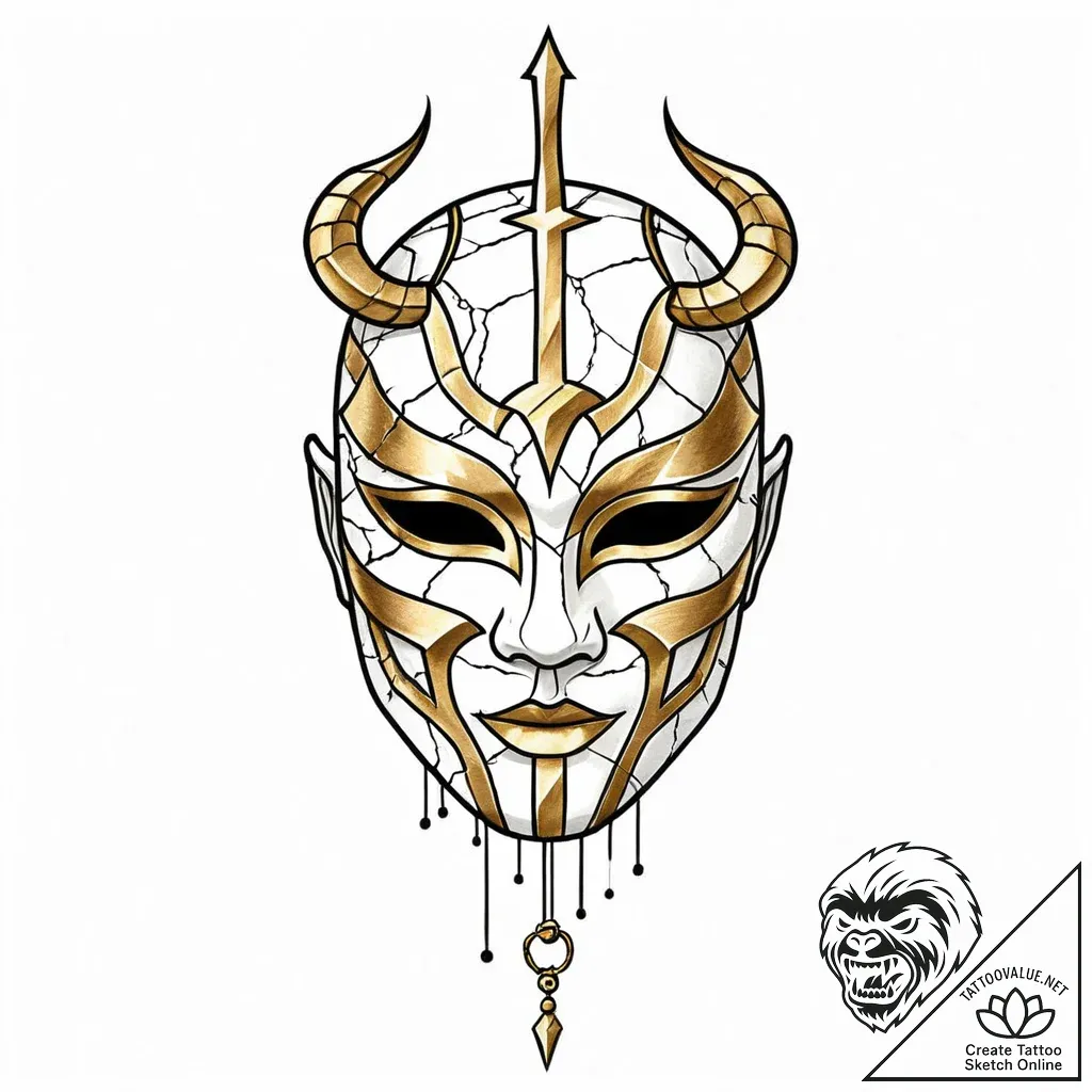 Kintsugi mask with golden cracks, ink illustr... - style Jaeger Mini - tattoo sketch (11.11.2025 01:43)