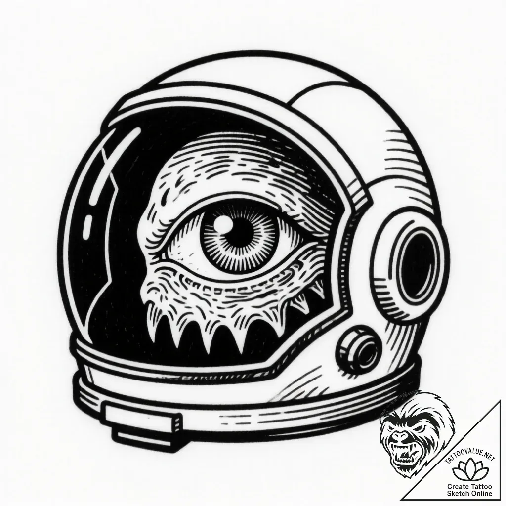 Astronaut's helmet reflecting a monstrous eye... - style Flux Inscriptions - tattoo sketch (11.11.2025 01:49)