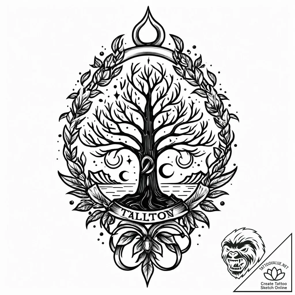 Gilded relic beneath spectral tree, tattoo fl... - style Jaeger Mini - tattoo sketch (11.11.2025 01:55)