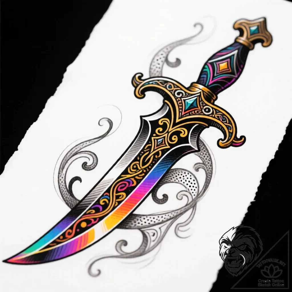 Ancient blade with bleeding edge, ink illustr... - style Flux Inscriptions - tattoo sketch (11.11.2025 02:01)
