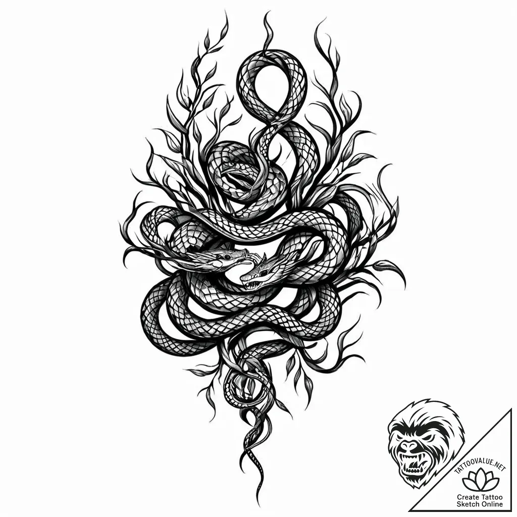 Ashen serpent entangled in roots, tattoo line... - style Jaeger Mini - tattoo sketch (11.11.2025 02:31)