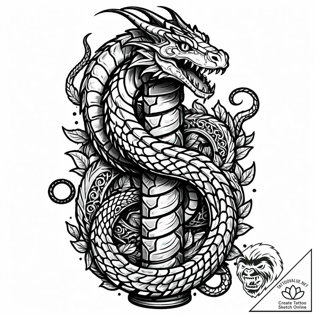 Tat tattoo sketch, basilisk coiled around sto... - style Jaeger Mini - tattoo sketch (11.11.2025 02:55)