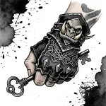 Orcish gauntlet clutching key, ink illustrati… – style Flux Inscriptions – tattoo sketch (11.11.2025 03:13)