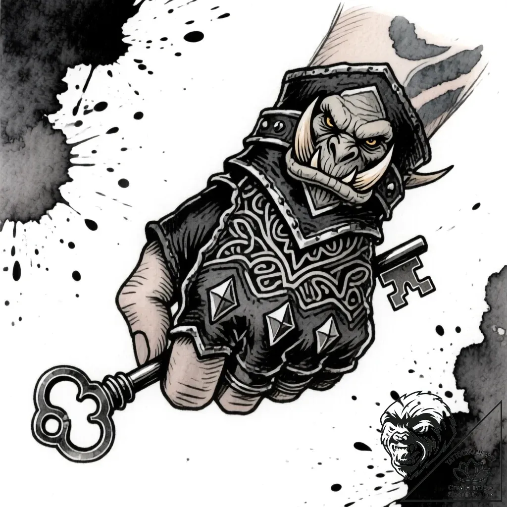 Orcish gauntlet clutching key, ink illustrati... - style Flux Inscriptions - tattoo sketch (11.11.2025 03:13)