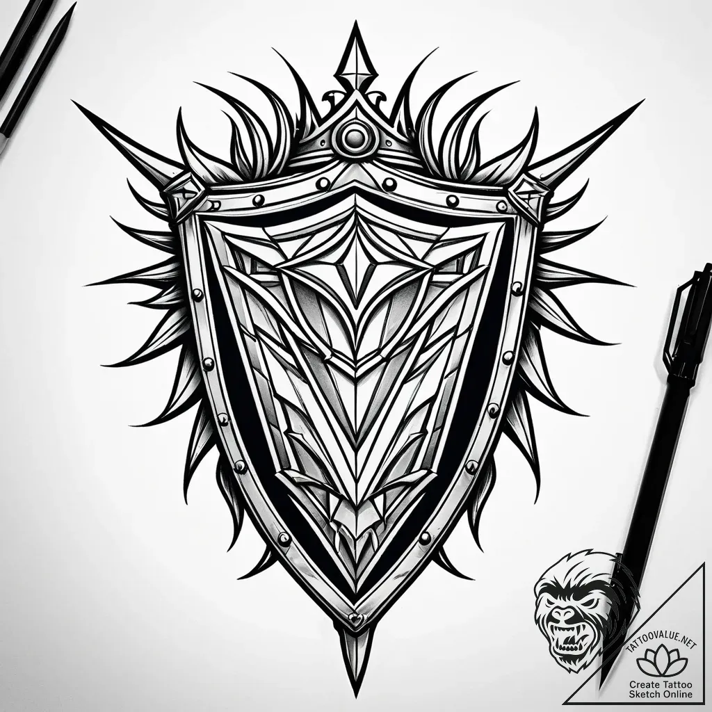 Kite shield crowned with thorns, ink illustra... - style Jaeger Simple - tattoo sketch (11.11.2025 03:16)